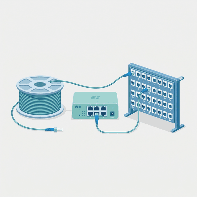 Fiber cable spool, switch and patch panel